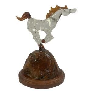 Glass Gallery 6” Horse Figurine Handblown Crystal Art Glass HandCarved Wood Base